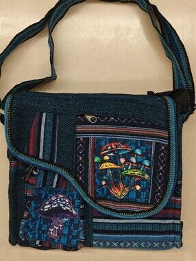 Boho Teal Crossbody Messenger Bag with Colorful Mushroom Deatils